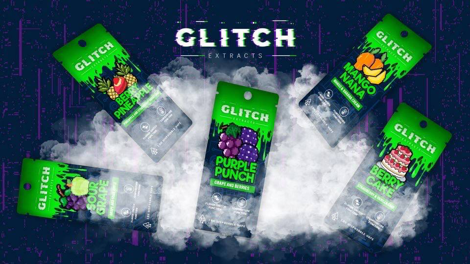 Digital art of a Glitch Extracts disposable vape featuring a sleek, modern design with vibrant colors