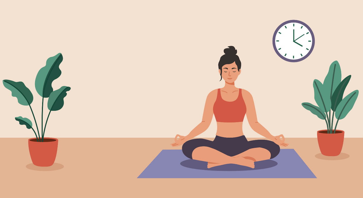 Illustration of a woman sitting in a meditative pose on a yoga mat with potted plants beside her and a clock in the background.