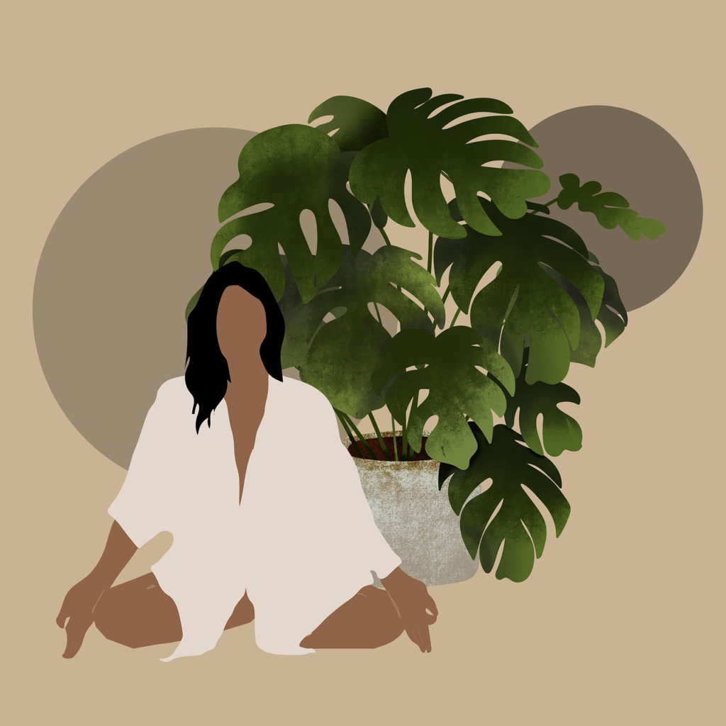 illustration of a woman in a yoga pose with a plant beside her.