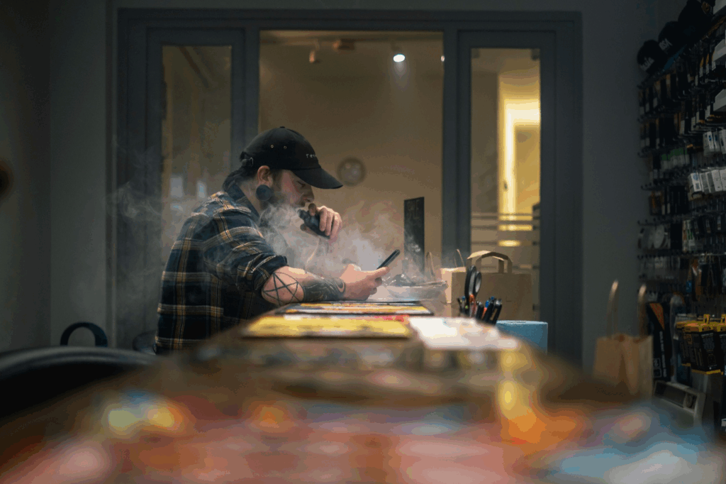 A picture of a person using vape during work