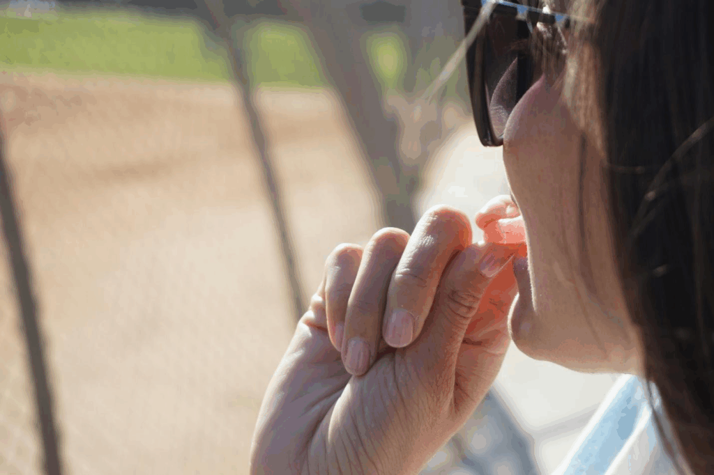 A picture of a person eating a gummy