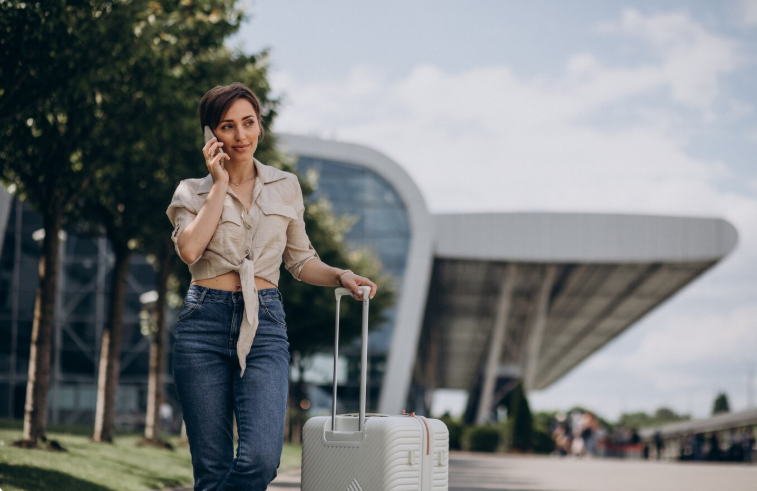 A picture of a person walking with a suitcase