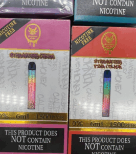 California honey non-nicotine vape digital art in sleek black-and-gold design.