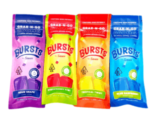 Colorful CBD edible packaging featuring four Burst flavors with vibrant fruit designs.