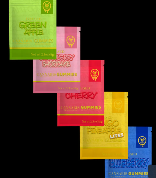 California Honey Gummies digital art with vibrant cherry, mango, pineapple, and blueberry packaging.