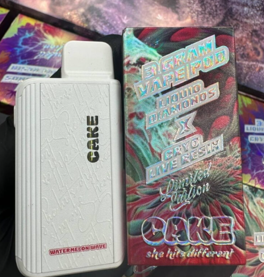 Crisp, electric digital art design on a CBD disposable vape pen.