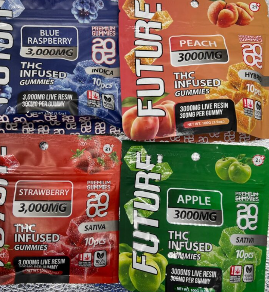 Bold, colorful packaging for Future 20-20 CBD gummies digital art with vibrant geometric accents.