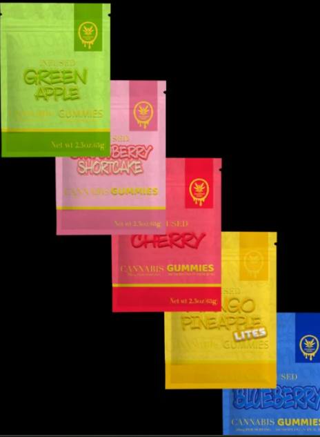 Colorful cannabis gummy packages digital art labeled Green Apple, Strawberry Shortcake, Cherry, and Mango Pineapple.