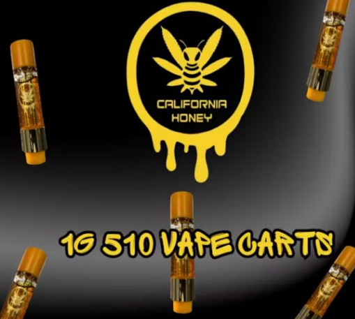 California Honey 1g vape cartridges digital art with amber oil, arranged around a bold yellow bee logo on a dark gradient background.