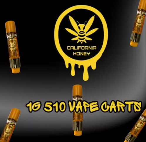 Sleek California honey vape cartridge digital art with golden honeycomb branding.