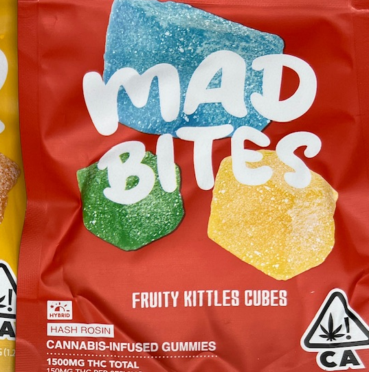 Mad Bites gummies digital art in bold red packaging featuring oversized blue, green, and yellow sugar-coated candy pieces with playful white text.