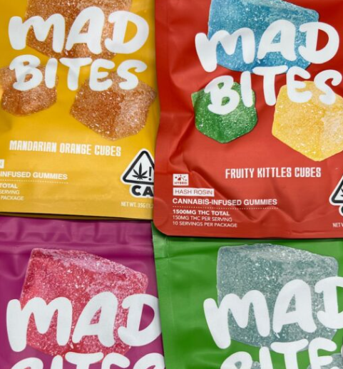  Mad Bites Hash Rosin Gummies 1500mg digital art with colorful, vibrant packaging style.