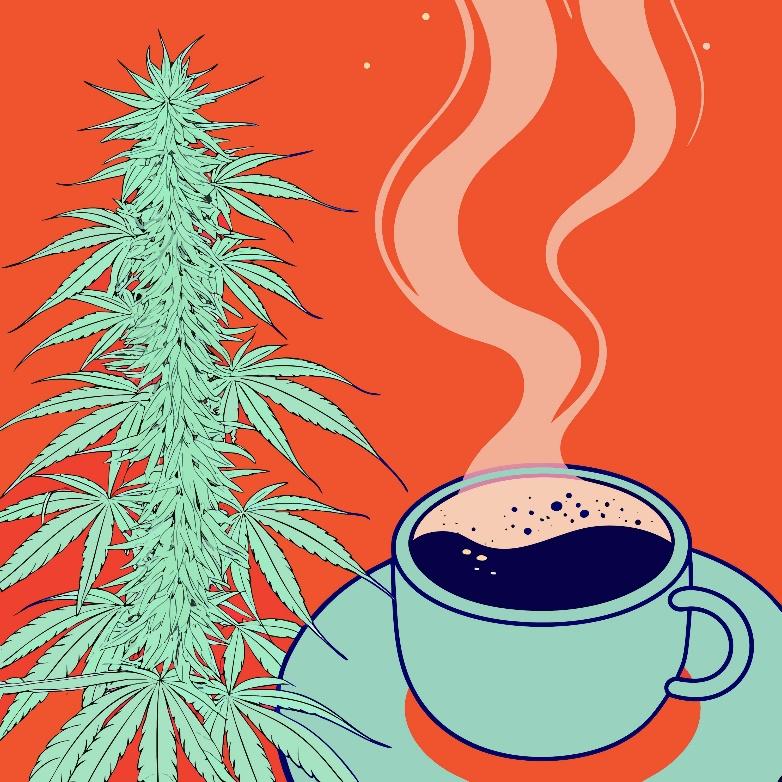 Cannabis plant next to steaming cup of coffee