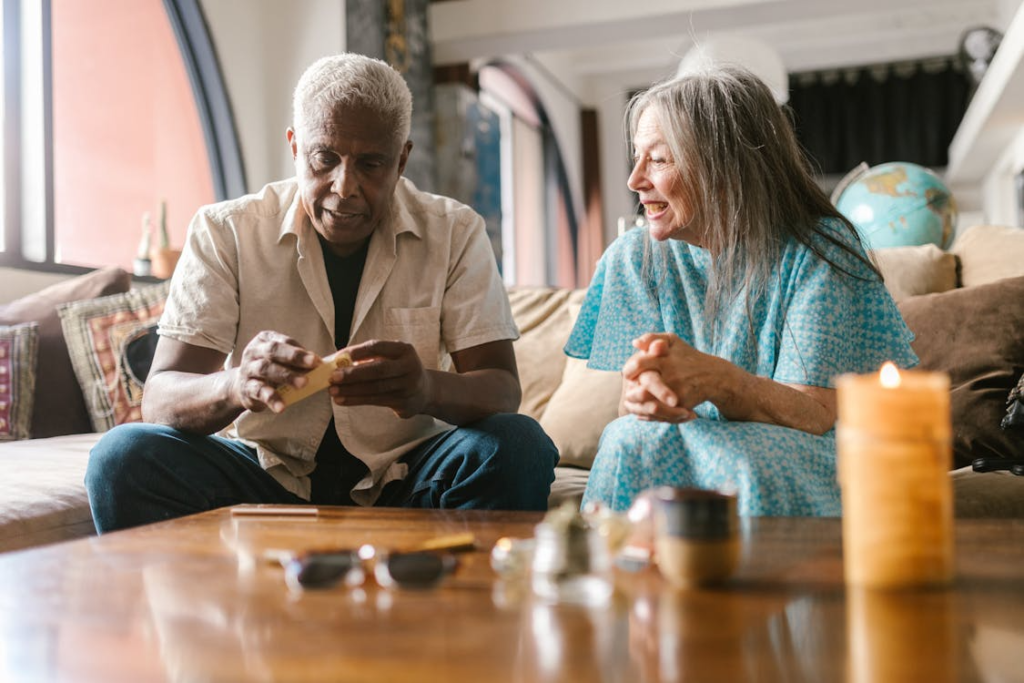 An image of an elderly couple smoking cannabis digital art together