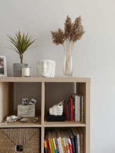 A stylish minimalist bookshelf with books, plants, and decorative objects in warm light