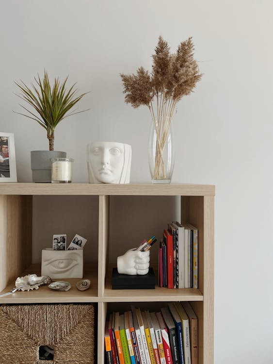 A stylish minimalist bookshelf with books, plants, and decorative objects in warm light