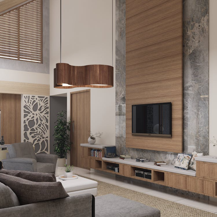 An elegant modern interior with minimalist design featuring clean lines, wooden finishes, and curated decor elements.