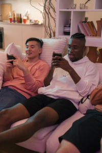 Close friends relaxed on couch