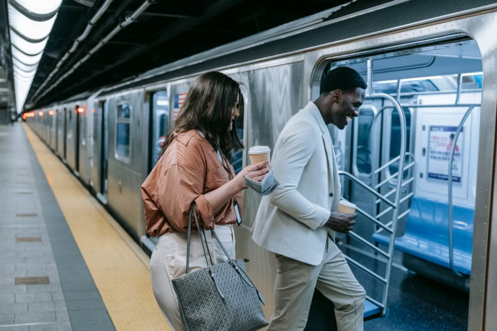 Weekday commuters talking