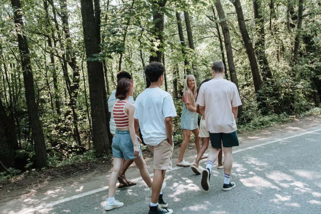 Friends walking outdoors
